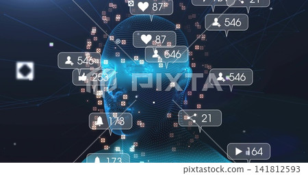 Floating blue wireframe head glowing and showing alert bubbles in virtual cyberspace with red nodes Floating blue wireframe head glowing and showing alert bubbles in virtual cyberspace with red nodes 141812593