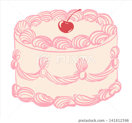 A vector illustration of a classic round cake with elegant decorative cream elements. Shiny red cherry on the top. Clip art is perfect for birthday invitation, greeting cards, flyers. Retro aesthetic. A vector illustration of a classic round cake with elegant decorative cream elements. Shiny red cherry on the top. Clip art is perfect for birthday invitation, greeting cards, flyers. Retro aesthetic. 141812596