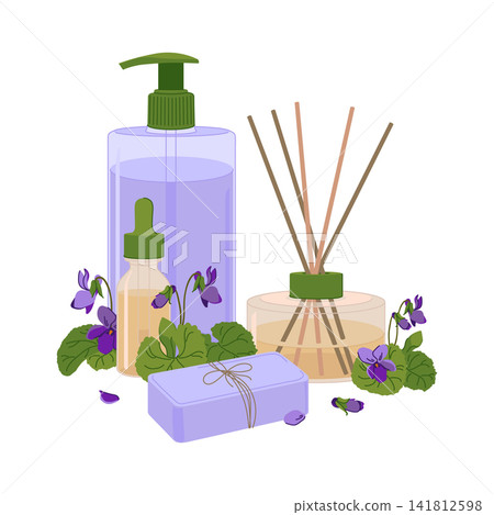 Vector illustration of violetr scented home essentials. Reed diffuser, a dropper bottle with essential oil and handmade soap bar. Fresh Viola odorata sprigs. Perfect for spa, wellness, aromatherapy. Vector illustration of violetr scented home essentials. Reed diffuser, a dropper bottle with essential oil and handmade soap bar. Fresh Viola odorata sprigs. Perfect for spa, wellness, aromatherapy. 141812598