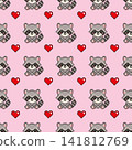 Seamless pixel art raccoon and heart pattern on pink background. 141812769