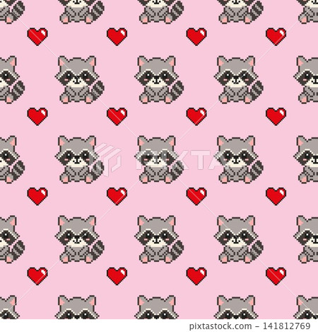 Seamless pixel art raccoon and heart pattern on pink background. Seamless pixel art raccoon and heart pattern on pink background. 141812769