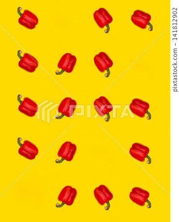 collage of sweet red peppers on a yellow background collage of sweet red peppers on a yellow background 141812902