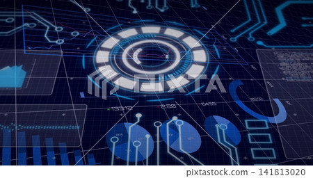 Displaying central ring HUD pulsing in virtual dashboard, showing Cartesian grid, panels, readouts Displaying central ring HUD pulsing in virtual dashboard, showing Cartesian grid, panels, readouts 141813020