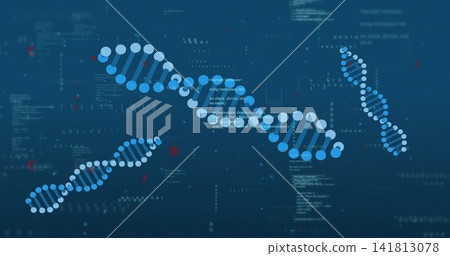 Displaying central DNA helix curving across digital lab interface with nodes, code, binary Displaying central DNA helix curving across digital lab interface with nodes, code, binary 141813078