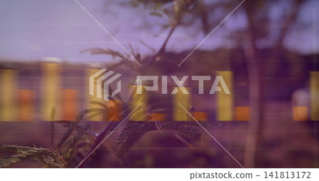 Contrasting centered fern-like stem slicing through rail at dusk, with blurred train windows Contrasting centered fern-like stem slicing through rail at dusk, with blurred train windows 141813172