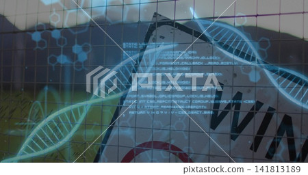 Framing tilted sign bearing WIN red target behind chain-link fence, with DNA, hex, code overlays Framing tilted sign bearing WIN red target behind chain-link fence, with DNA, hex, code overlays 141813189