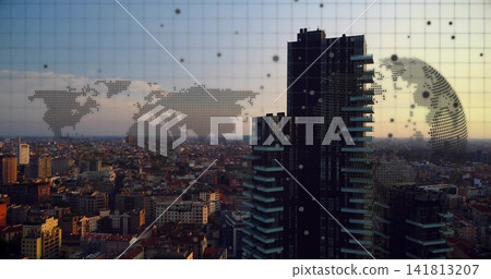 Framing dark skyscraper cluster right of center from high vantage, with map overlay, copy space Framing dark skyscraper cluster right of center from high vantage, with map overlay, copy space 141813207