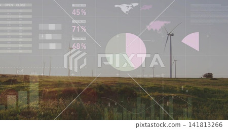 Displaying wind turbines spinning on rural plain with tall grasses, pie chart, bars, percentages 141813266