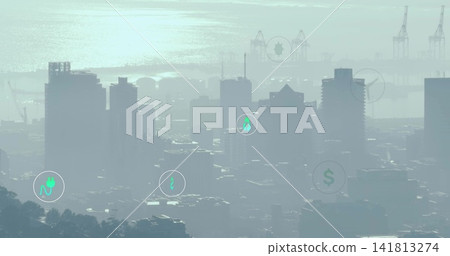 Displaying coastal urban skyline and harbor through haze at hill overlook, with UI icons and cranes Displaying coastal urban skyline and harbor through haze at hill overlook, with UI icons and cranes 141813274