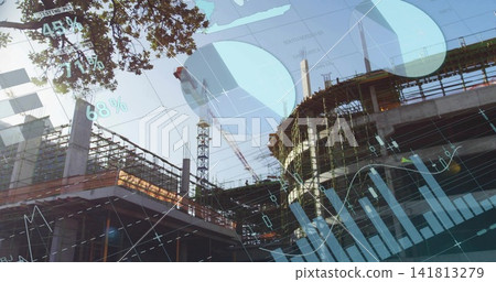 Rising concrete core with tower-crane displaying HUD data showing 45% 71% 68% at construction site 141813279