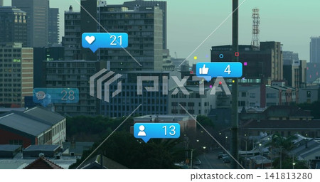 Showing elevated urban view merging buildings, narrow street with blue bubbles 21 or 4 or 13 or 28 c Showing elevated urban view merging buildings, narrow street with blue bubbles 21 or 4 or 13 or 28 c 141813280