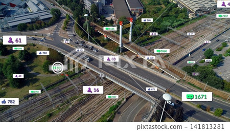 Spanning elevated highway overpass carrying cars over multi-track railway, showing data overlays Spanning elevated highway overpass carrying cars over multi-track railway, showing data overlays 141813281