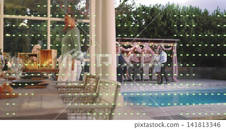 Chatting adults in casual attire at pergola on backyard deck, with dining table, pool, copy space Chatting adults in casual attire at pergola on backyard deck, with dining table, pool, copy space 141813346