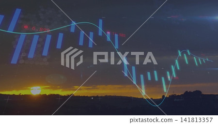 Displaying faint market chart overlaying rural horizon with sun, blue bars, cyan line, red markers Displaying faint market chart overlaying rural horizon with sun, blue bars, cyan line, red markers 141813357