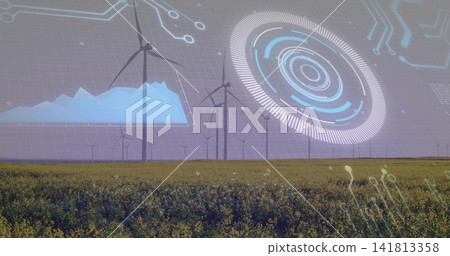 Displaying row of wind turbines featuring digital monitoring overlay over rural field, HUD graphics Displaying row of wind turbines featuring digital monitoring overlay over rural field, HUD graphics 141813358