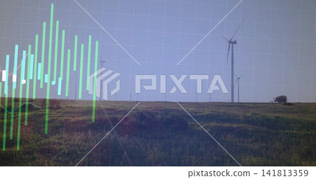 Framing windfarm turbines spinning on meadow, green barchart overlay, gridlines, glare, lone shrub 141813359