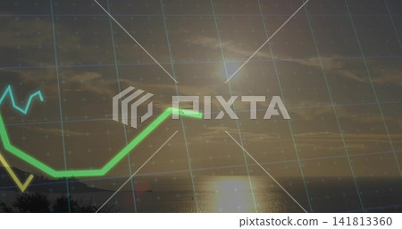 Showing neon green rising line chart overlaying coastal sunrise, translucent grid and reflection 141813360
