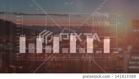 Displaying faint bar chart with numeric labels and line graph over city at sunset, glass reflection Displaying faint bar chart with numeric labels and line graph over city at sunset, glass reflection 141813389