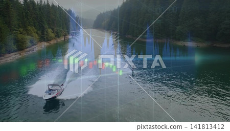 Cutting motorboat towing wakeboard rider in vest on treed lake pulling tow rope leaving wake charts Cutting motorboat towing wakeboard rider in vest on treed lake pulling tow rope leaving wake charts 141813412