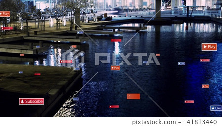 Reflecting basin showing blue lights at harbor concrete pier, floating Play Subscribe Like badges Reflecting basin showing blue lights at harbor concrete pier, floating Play Subscribe Like badges 141813440
