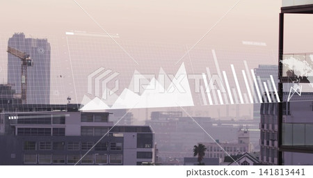 Displaying urban skyline showing data overlay from glass balcony, featuring crane and palm tree Displaying urban skyline showing data overlay from glass balcony, featuring crane and palm tree 141813441