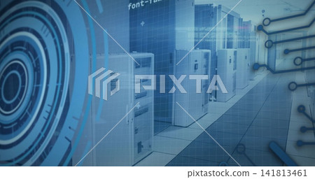Showing row of white server cabinets receding down data center aisle, with holographic HUD overlays Showing row of white server cabinets receding down data center aisle, with holographic HUD overlays 141813461