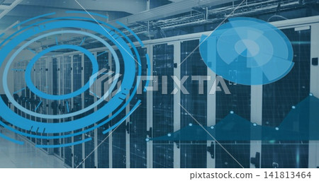 Displaying server racks with vented doors and LED indicators lining data center aisle, HUD overlays Displaying server racks with vented doors and LED indicators lining data center aisle, HUD overlays 141813464