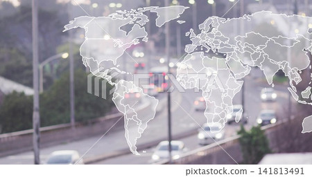 Spanning translucent white world map overlay covering elevated dusk highway, with cars and bus Spanning translucent white world map overlay covering elevated dusk highway, with cars and bus 141813491