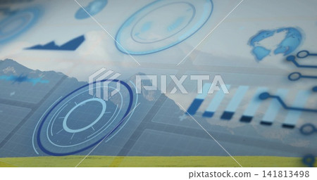 Projecting HUD overlay across grassy plain and mountains, showing bar chart, globe, circuits Projecting HUD overlay across grassy plain and mountains, showing bar chart, globe, circuits 141813498