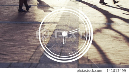 Showing white clock overlay on sunlit plaza with patterned tiles, tree shadows, heels, dress shoes Showing white clock overlay on sunlit plaza with patterned tiles, tree shadows, heels, dress shoes 141813499