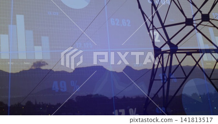 Showing silhouetted power pylon with high-voltage lines on right, dusk, data overlays, copy space 141813517