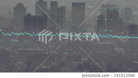 Displaying central city towers and rooftops over downtown with cyan dotted wave overlay and labels Displaying central city towers and rooftops over downtown with cyan dotted wave overlay and labels 141813566