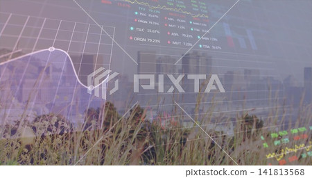 Overlaying translucent financial charts centered at meadow edge, showing line graph and candlestick Overlaying translucent financial charts centered at meadow edge, showing line graph and candlestick 141813568