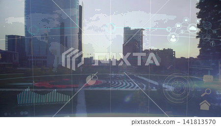 Viewing combined city skyline and landscaped plaza through AR glass, showing dotted map overlay Viewing combined city skyline and landscaped plaza through AR glass, showing dotted map overlay 141813570