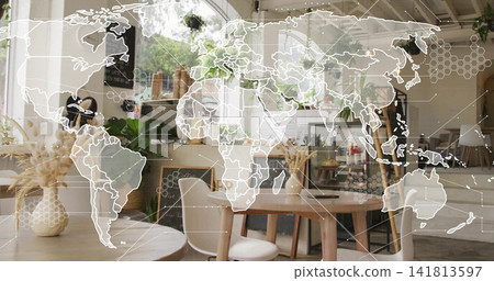 Featuring centered round wood table with two chairs in cozy cafe, holding laptop and pampas vase Featuring centered round wood table with two chairs in cozy cafe, holding laptop and pampas vase 141813597