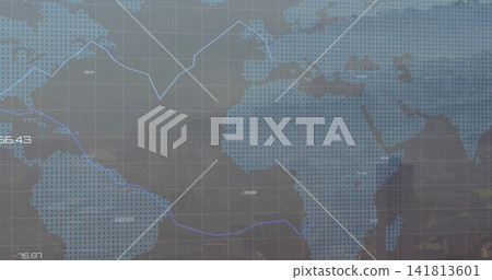 Displaying translucent dotted world map tracing blue trend line on digital display, numeric labels Displaying translucent dotted world map tracing blue trend line on digital display, numeric labels 141813601