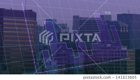 Overlaying purple financial chart across city skyline at dusk, showing bar-line graph, 90 Overlaying purple financial chart across city skyline at dusk, showing bar-line graph, 90 141813605