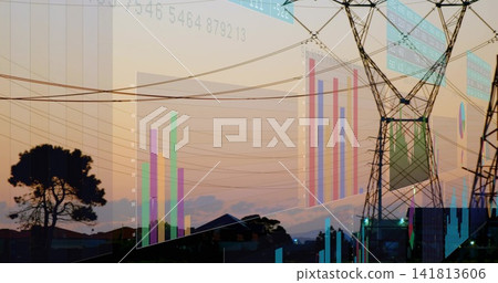 Displaying lattice tower anchoring right at sunset, with power lines and data overlays, copy space Displaying lattice tower anchoring right at sunset, with power lines and data overlays, copy space 141813606