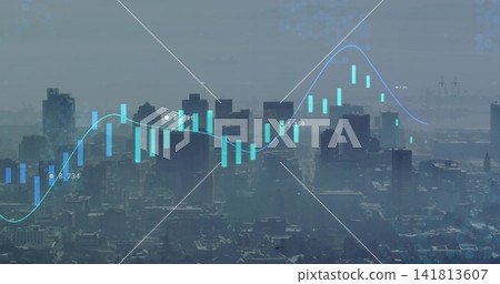 Showing downtown city skyline with teal bars, blue trendline and numbers above port cranes Showing downtown city skyline with teal bars, blue trendline and numbers above port cranes 141813607