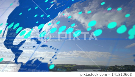Overlaying blue world map with turquoise nodes and code lines over river, hills, shoreline village Overlaying blue world map with turquoise nodes and code lines over river, hills, shoreline village 141813608