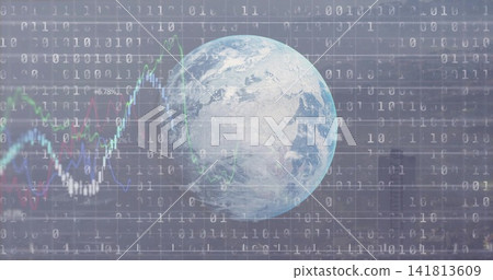 Displaying globe floating on blue backdrop, with binary code, line graphs, percent labels, skyline Displaying globe floating on blue backdrop, with binary code, line graphs, percent labels, skyline 141813609