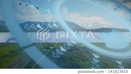 Displaying pale blue circular HUD overlay centered on rural road, showing rings and chevrons Displaying pale blue circular HUD overlay centered on rural road, showing rings and chevrons 141813610