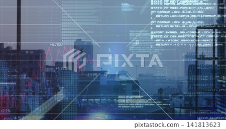 Displaying composite city skyline and data visualization through office glass, with red blue charts Displaying composite city skyline and data visualization through office glass, with red blue charts 141813623