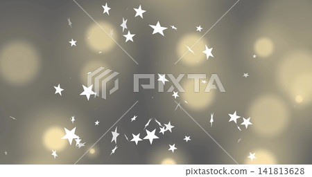 Scattering white five-pointed stars creating depth on grey-beige canvas with warm golden bokeh Scattering white five-pointed stars creating depth on grey-beige canvas with warm golden bokeh 141813628
