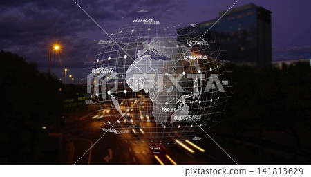 Glowing digital globe hologram hovering above multilane road at night, showing car light trails Glowing digital globe hologram hovering above multilane road at night, showing car light trails 141813629