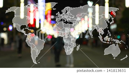 Overlaying semi-transparent world map over blurred night plaza with hanging lights, signage, people Overlaying semi-transparent world map over blurred night plaza with hanging lights, signage, people 141813631
