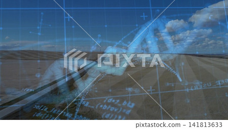 Showing DNA helix graphic crossing desert and paved road, gloved hand using pipette, grid overlay 141813633