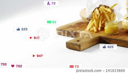 Showing board spilling paper cone fries with mustard, burger edge on white table, icons, copy space Showing board spilling paper cone fries with mustard, burger edge on white table, icons, copy space 141813660