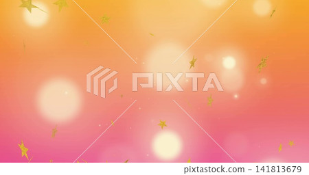 Glowing bokeh and gold star confetti floating on orange-pink gradient backdrop with glitter specks Glowing bokeh and gold star confetti floating on orange-pink gradient backdrop with glitter specks 141813679