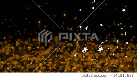 Glowing golden bokeh filling lower center on dark backdrop, drifting white stars and orange dots Glowing golden bokeh filling lower center on dark backdrop, drifting white stars and orange dots 141813681